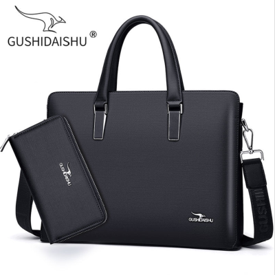 古士袋鼠男包商務手提包男士單肩包休閑皮包橫款公文包真皮斜挎包黑色